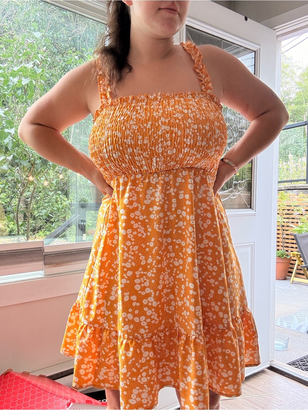 Women’s Orange Floral Smocked Sundress
